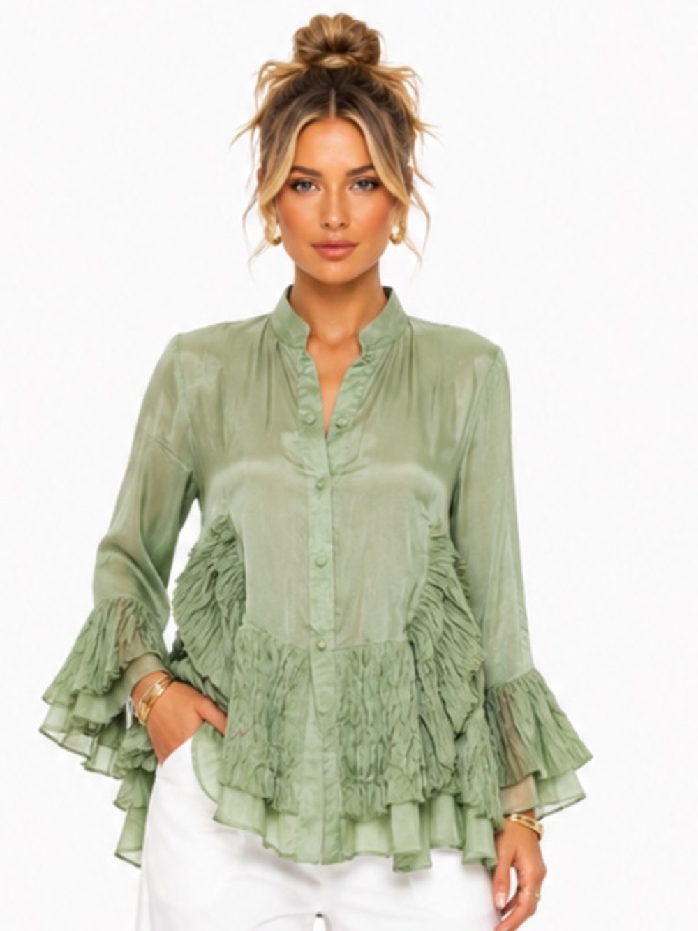 100 % Silk  Olive Green Ruffled Button Up Blouse jacket designer